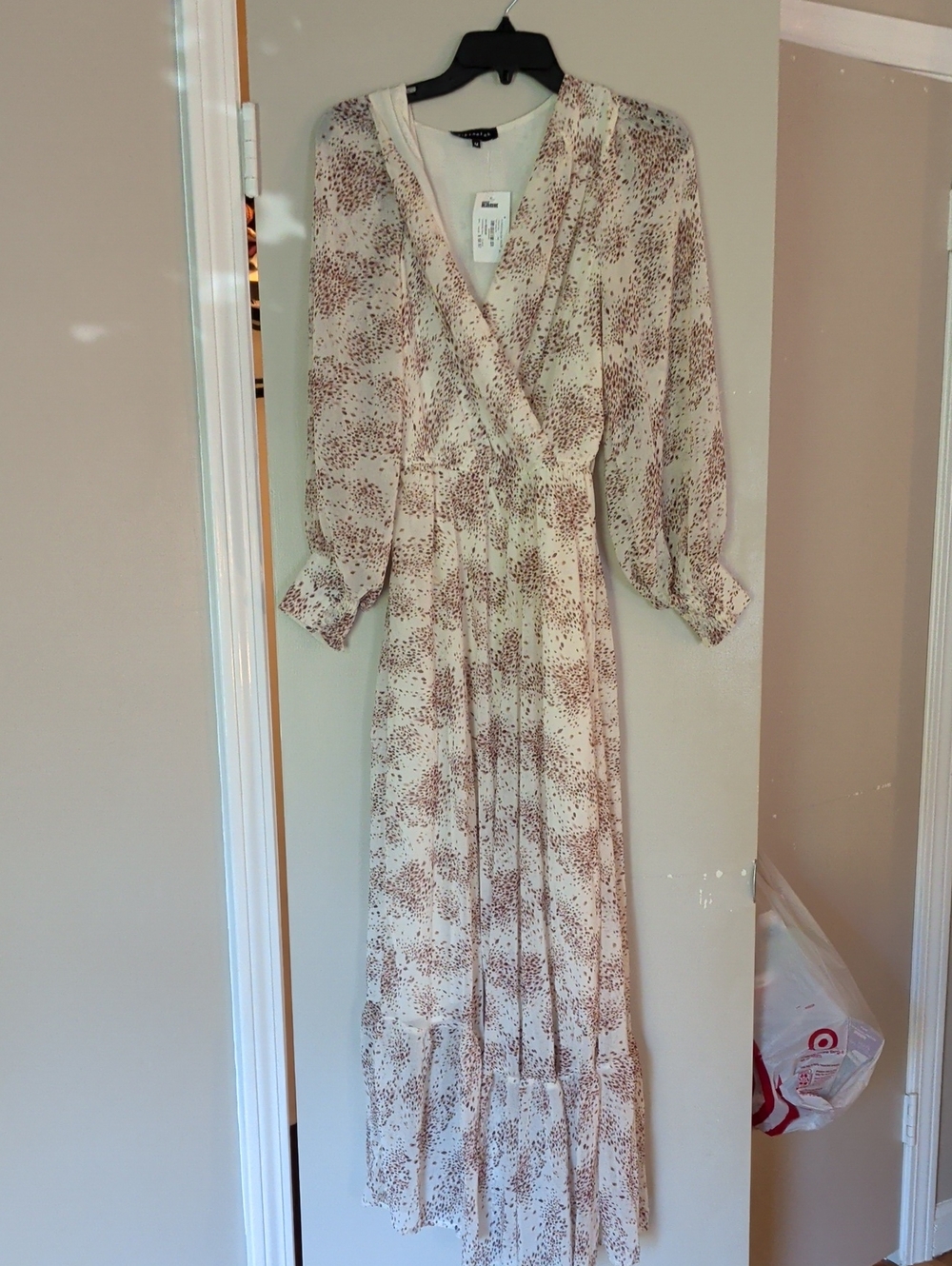 Nordstrom Rack Long Sleeve Cream Printed Wrap Maxi Dress